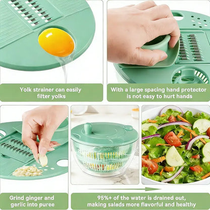 Salad Spinner Large, 3 IN 1 Vegetable and Fruit Washing Bowl with Strainer, Lettuce Spinner with 5 Blades Slicer, Egg Yolk Strainer, Salad Bowl for Efficient Salad Preparation, 5.3 Qt Kitchen Gadgets Set