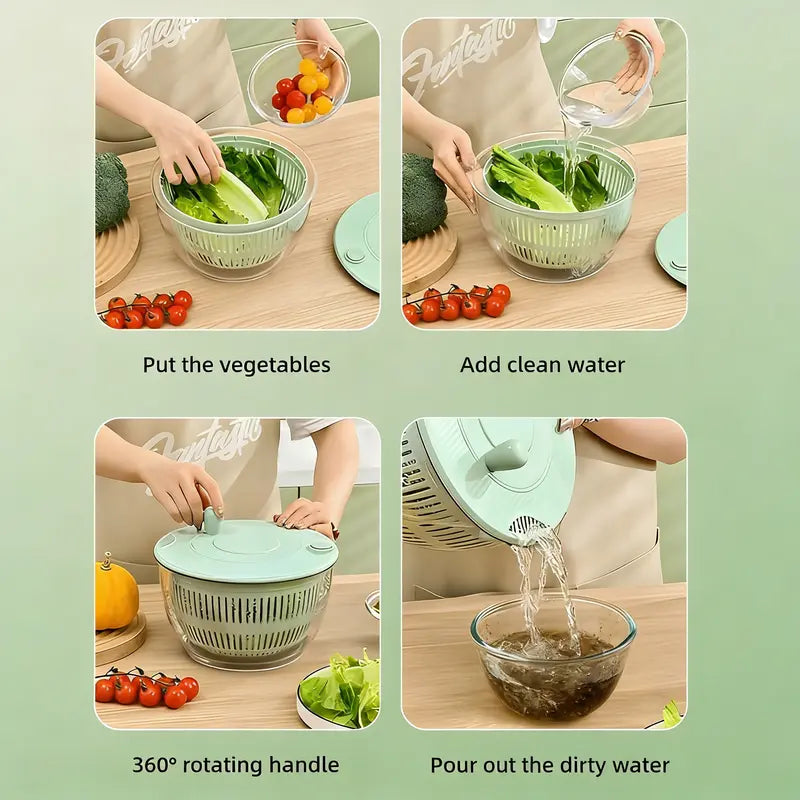 Salad Spinner Large, 3 IN 1 Vegetable and Fruit Washing Bowl with Strainer, Lettuce Spinner with 5 Blades Slicer, Egg Yolk Strainer, Salad Bowl for Efficient Salad Preparation, 5.3 Qt Kitchen Gadgets Set