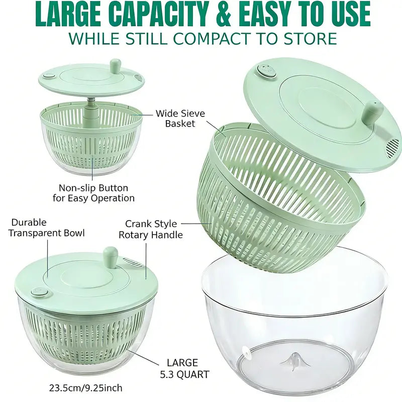 Salad Spinner Large, 3 IN 1 Vegetable and Fruit Washing Bowl with Strainer, Lettuce Spinner with 5 Blades Slicer, Egg Yolk Strainer, Salad Bowl for Efficient Salad Preparation, 5.3 Qt Kitchen Gadgets Set