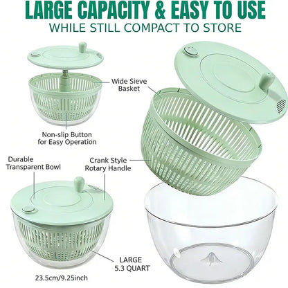 Salad Spinner Large, 3 IN 1 Vegetable and Fruit Washing Bowl with Strainer, Lettuce Spinner with 5 Blades Slicer, Egg Yolk Strainer, Salad Bowl for Efficient Salad Preparation, 5.3 Qt Kitchen Gadgets Set