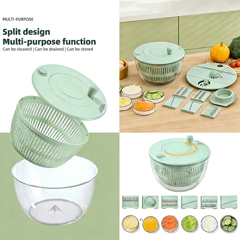 Salad Spinner Large, 3 IN 1 Vegetable and Fruit Washing Bowl with Strainer, Lettuce Spinner with 5 Blades Slicer, Egg Yolk Strainer, Salad Bowl for Efficient Salad Preparation, 5.3 Qt Kitchen Gadgets Set