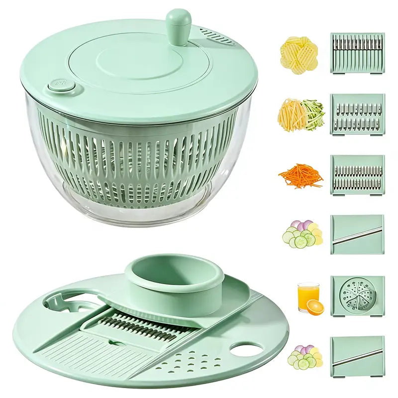 Salad Spinner Large, 3 IN 1 Vegetable and Fruit Washing Bowl with Strainer, Lettuce Spinner with 5 Blades Slicer, Egg Yolk Strainer, Salad Bowl for Efficient Salad Preparation, 5.3 Qt Kitchen Gadgets Set
